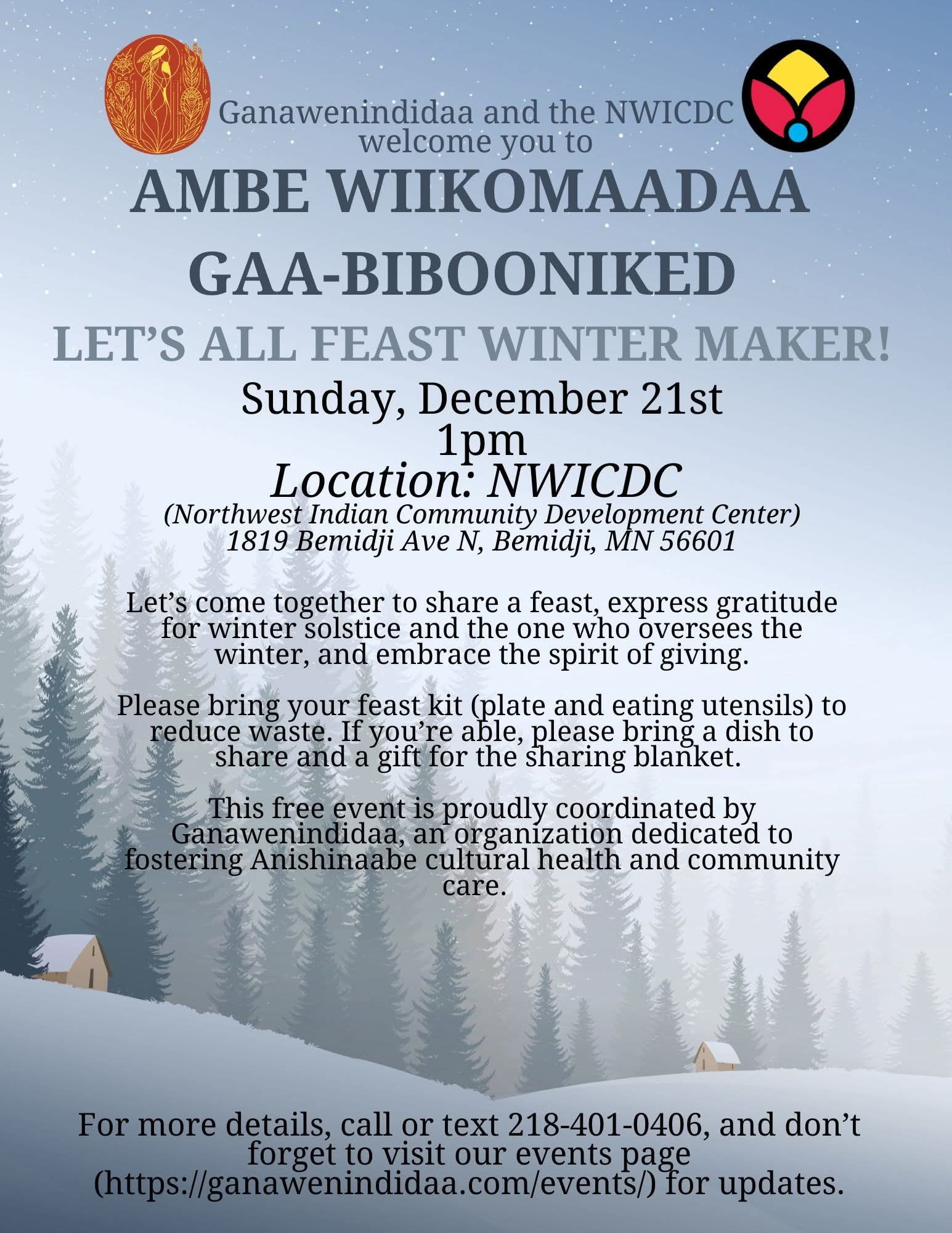 Ambe Wiikomaadaa Gaa-Bibooniked event flyer